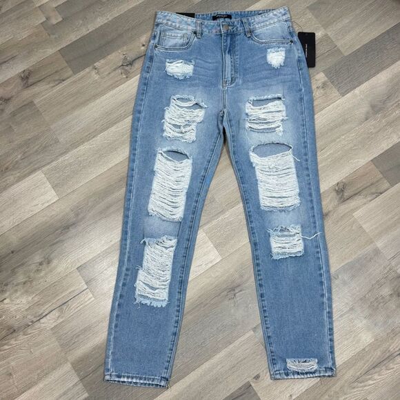 American Bazi Hollywood Graffiti Distressed Boyfriend Jeans Blue Large - Picture 3 of 14